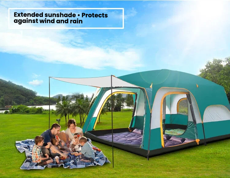 Spacious two-room tent fully set up, showing its tall height and large living space