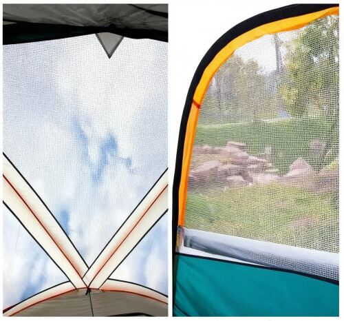 Close-up of tent mesh windows and ventilation system