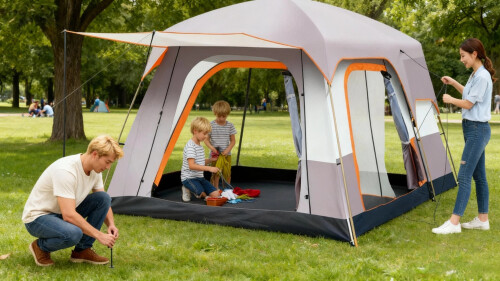 Family happily setting up the tent quickly in a beautiful park