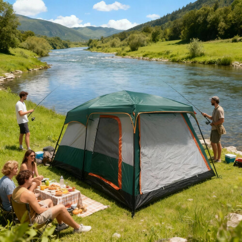 Spacious two-room family tent fully set up in a beautiful park