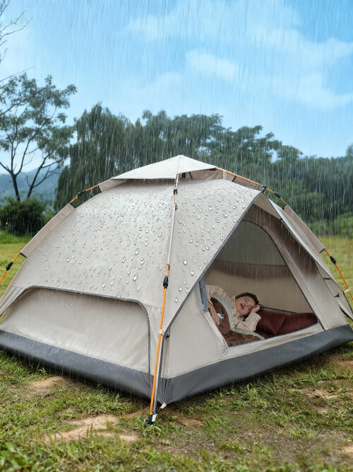 Tent standing strong in heavy rain, demonstrating excellent waterproof performance