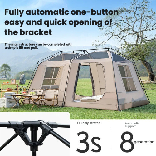 The Swift Ridge 13 tent set up in a sunny field, showing its large, bright interior